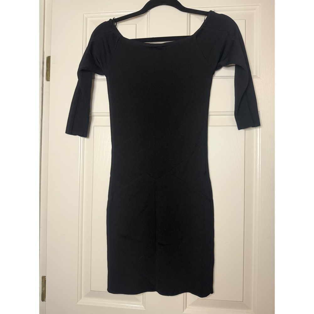 Zara Knit Black Bodycon Mini Dress Off Shoulder 3/4 Sleeve Ribbed Size Medium